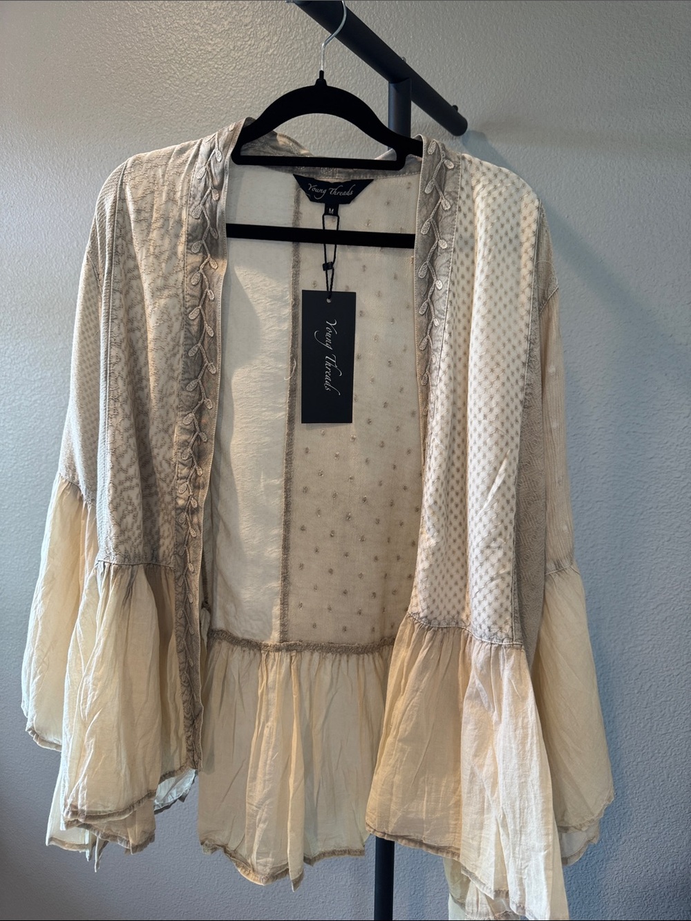 Young Threads NWT Ivory Boho Ruffle Open Cardigan by